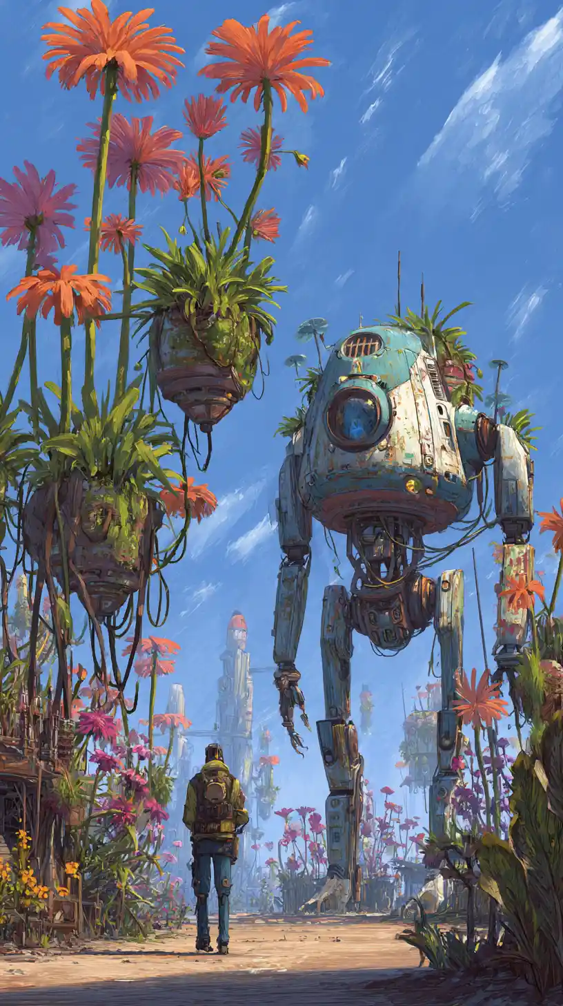 Colorful cyborg steampunk plants under a clear blue sky