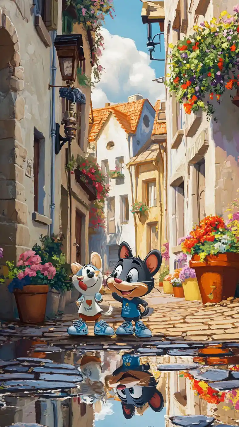 Cartoon cat and mouse on sunny european cobblestone street