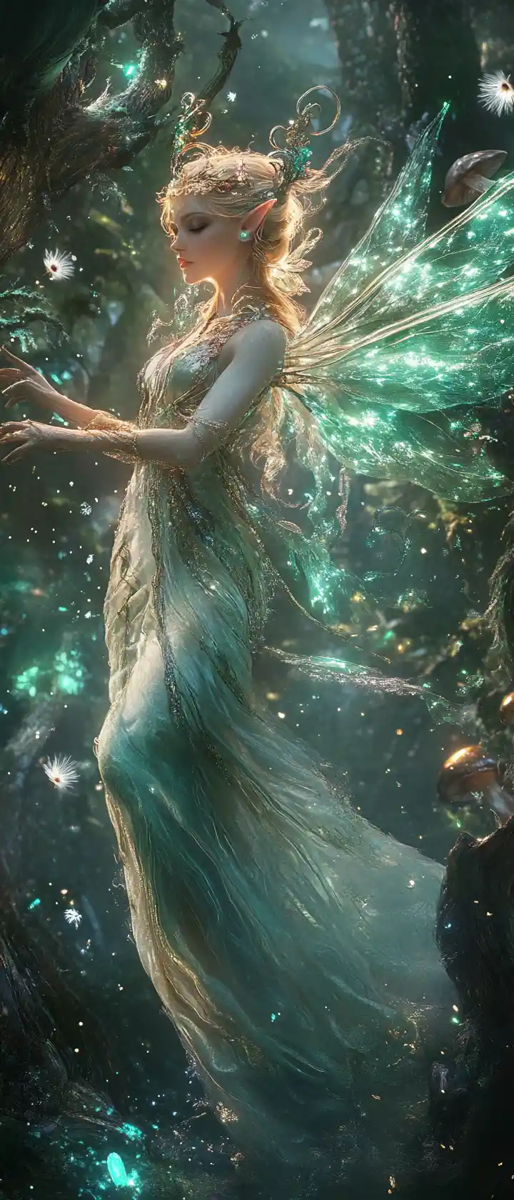 Celestial woodland elf dancing in glowing fantasy forest