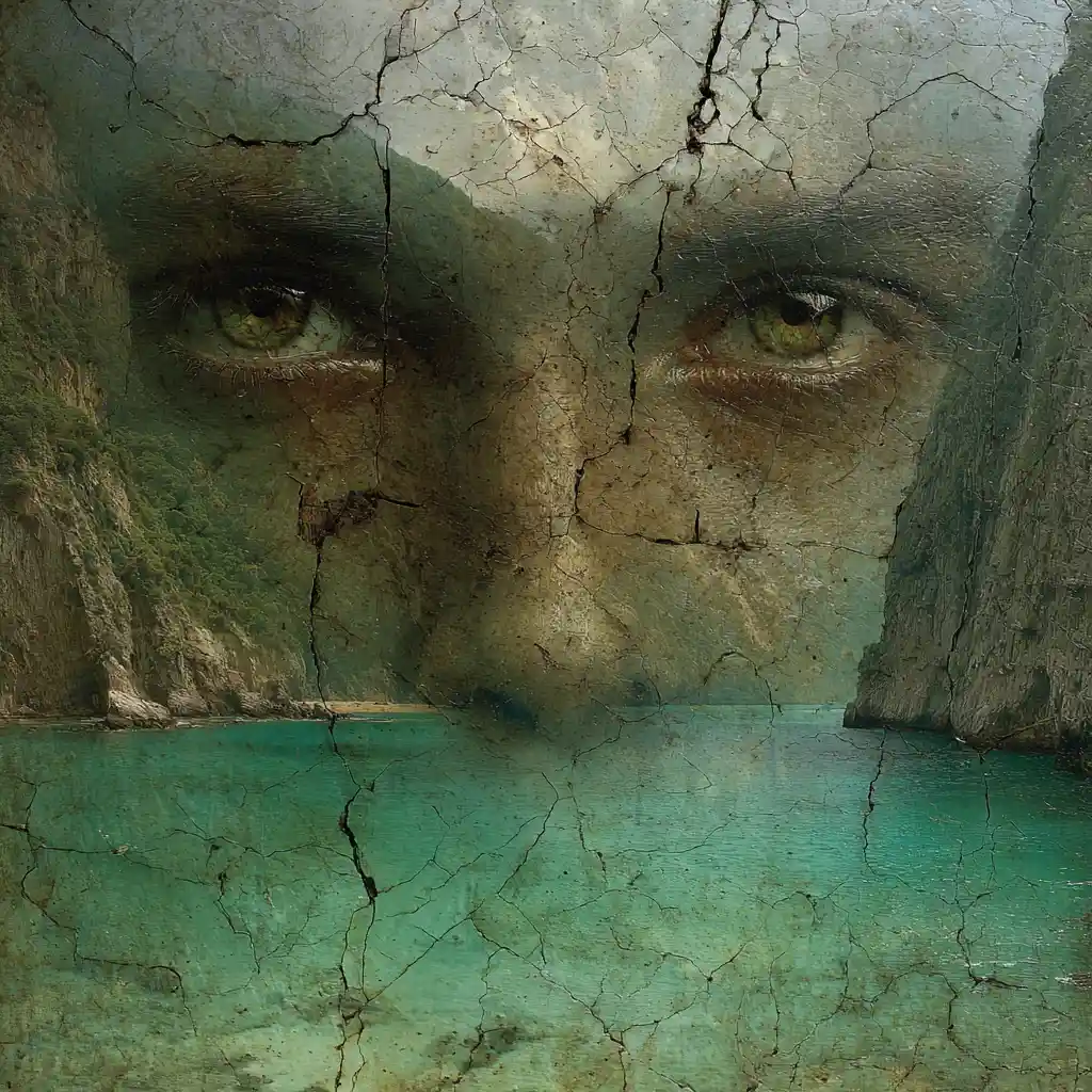 Translucent face emerging against a muted green sky