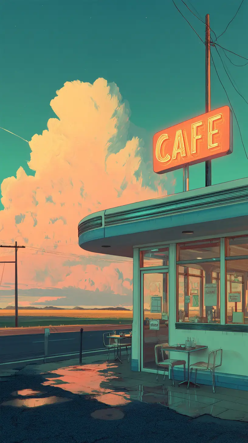 Solitary 1950s roadside diner glowing on empty wet highway
