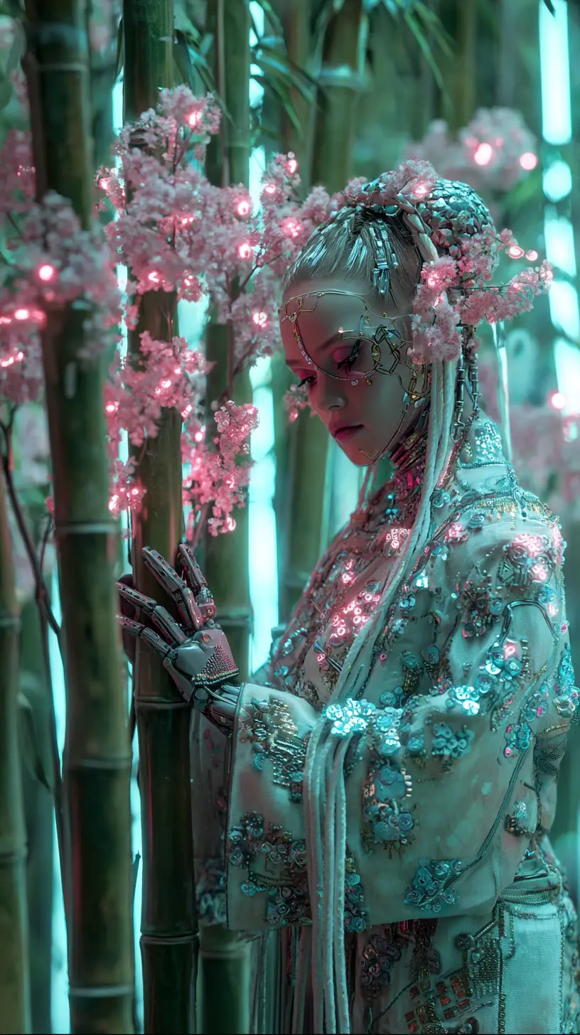 Cyborg geisha in kimono amid tranquil bamboo forest