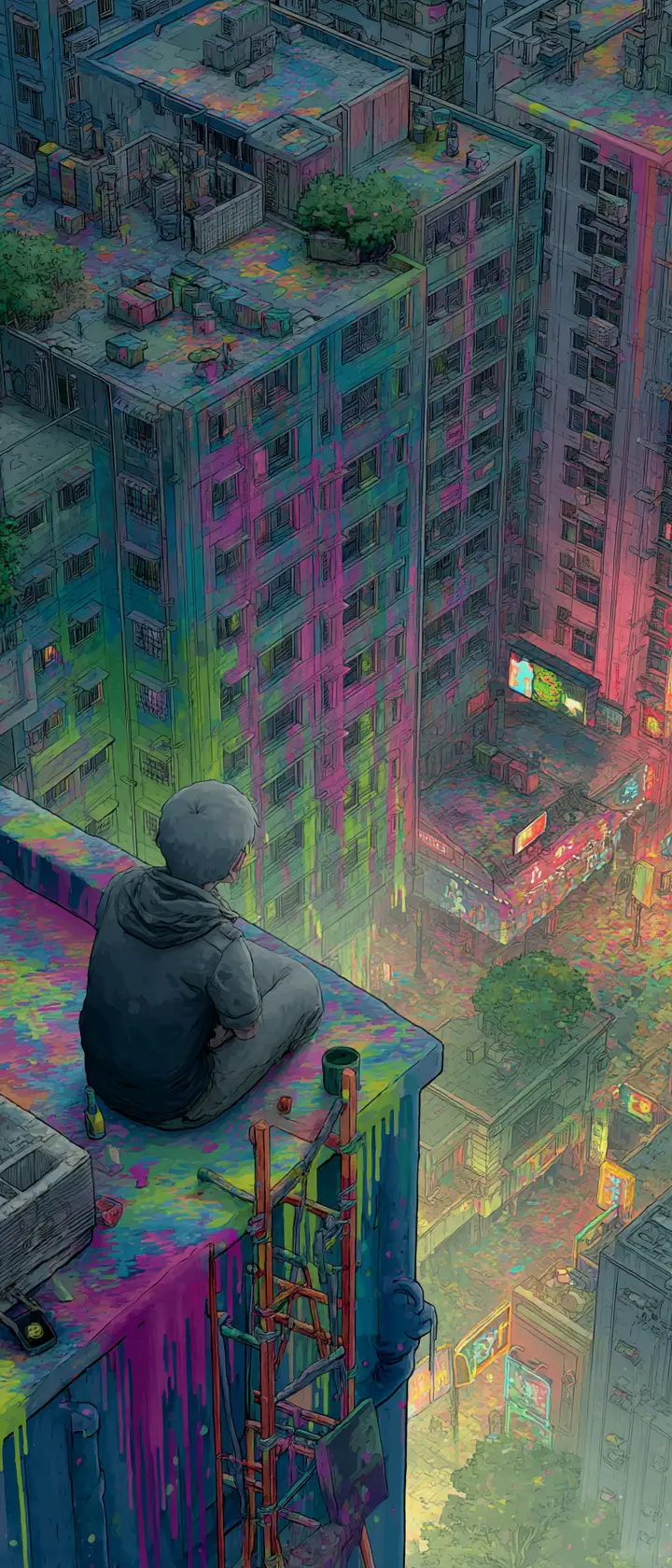 Young artist on rainy rooftop with melting canvases