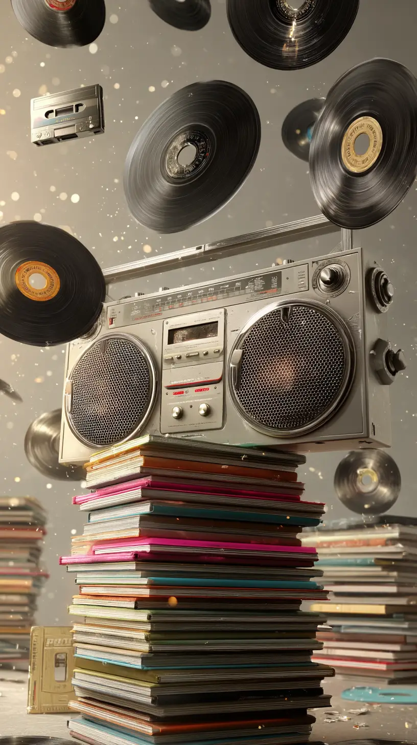Explosão surreal de toca-fitas boombox e fita VHS dos anos 90