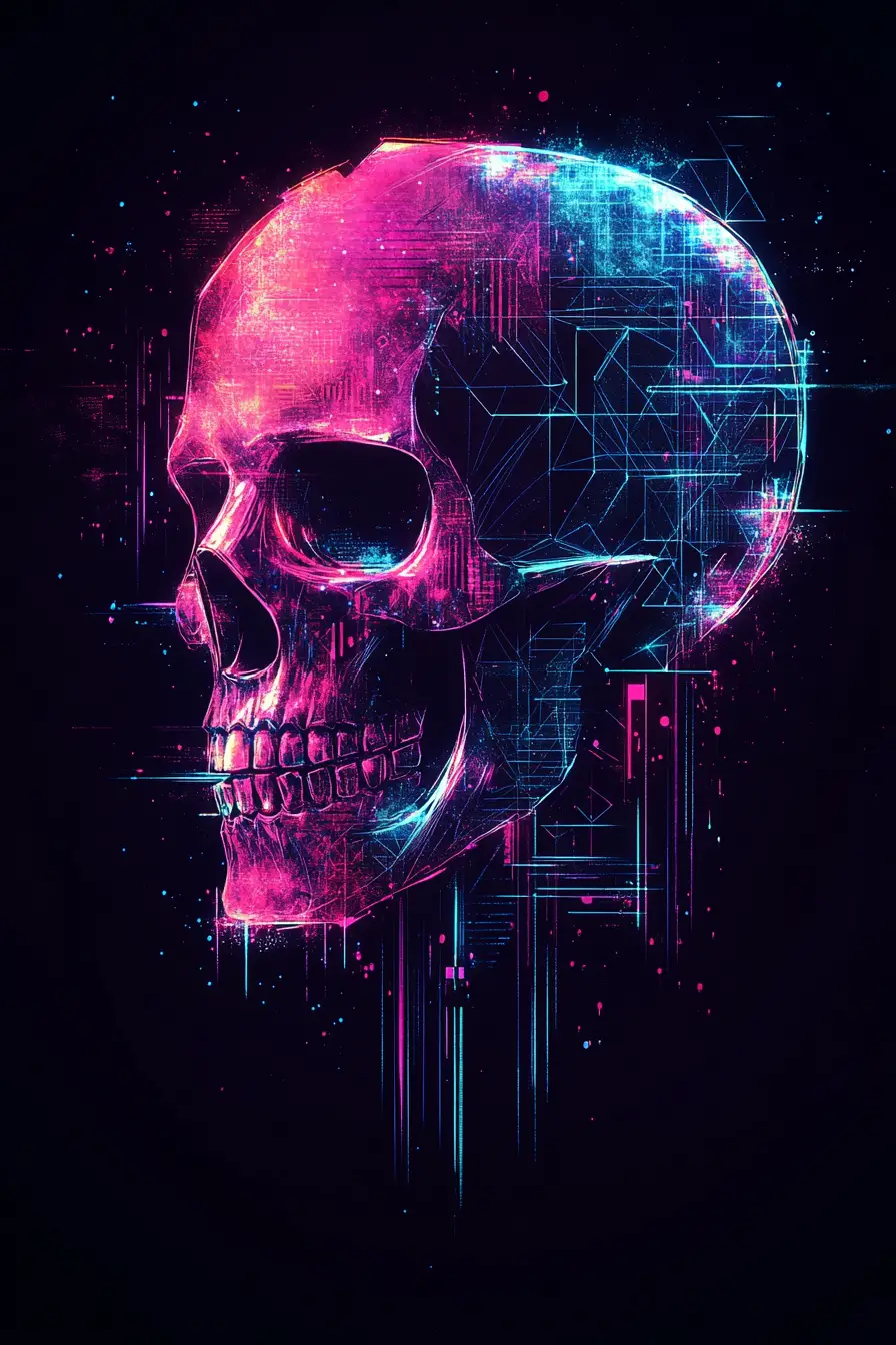 Neon glitch skull silhouette with cyberpunk vector design