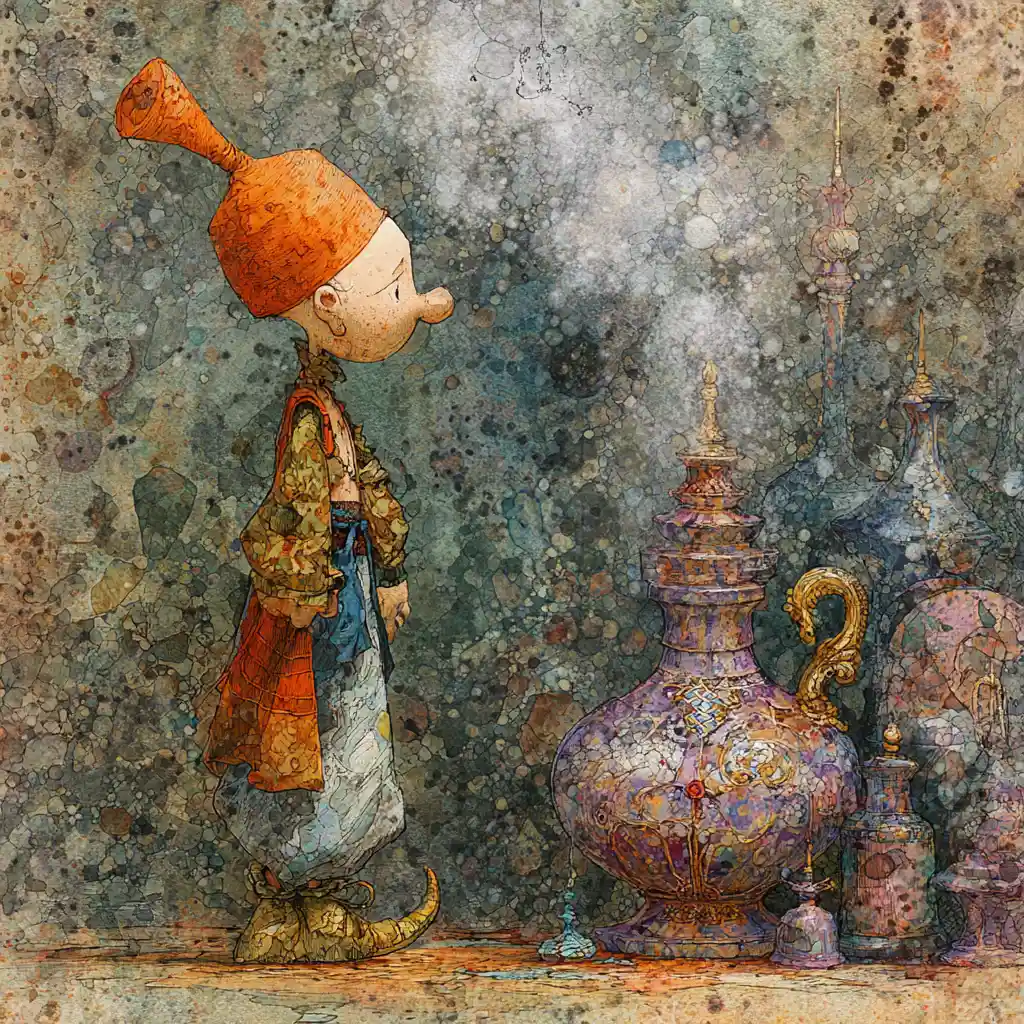 Colorful genie beside jeweled bottle in enchanted forest