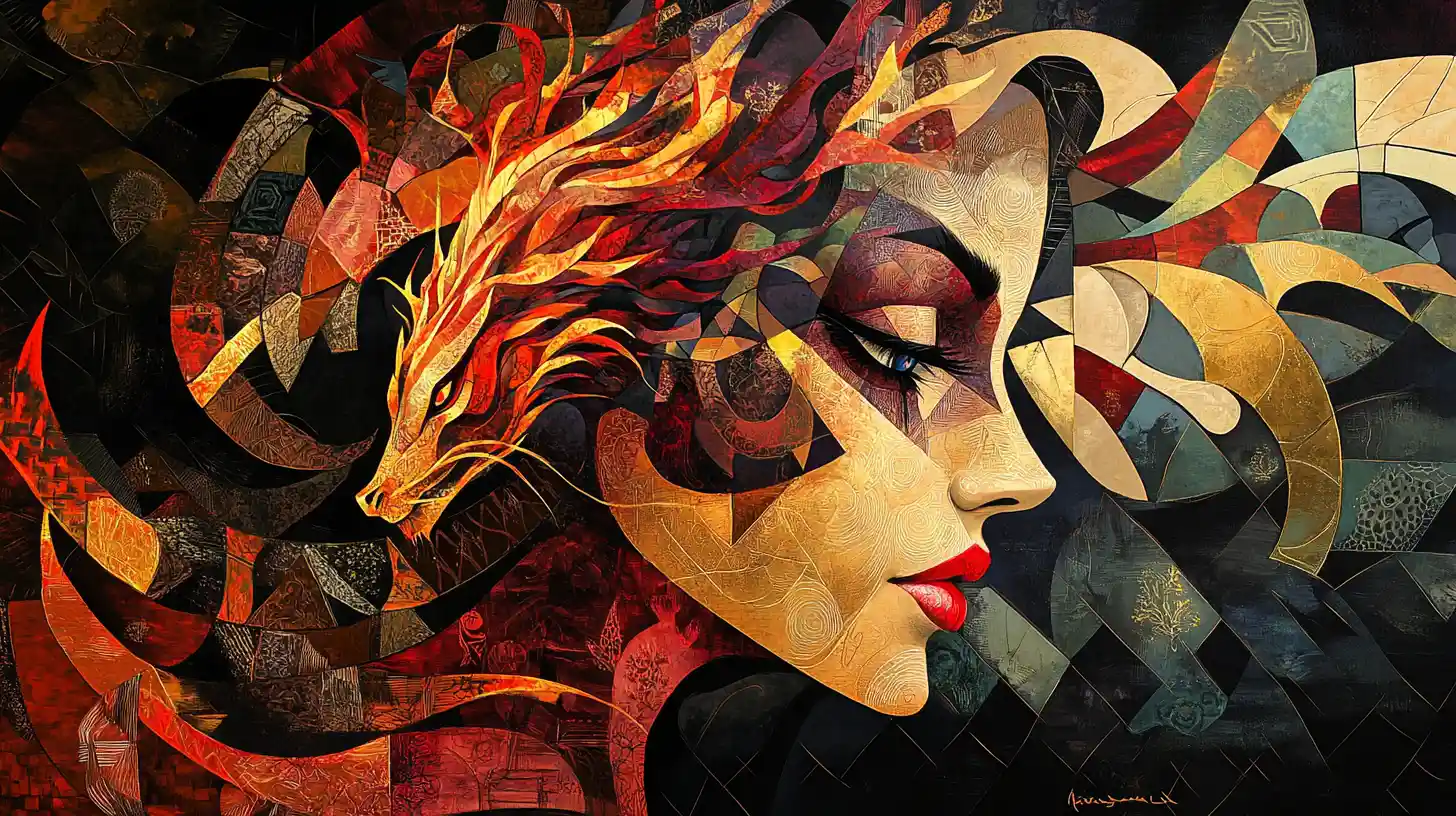 Abstract cubist woman entwined with mystical dragon