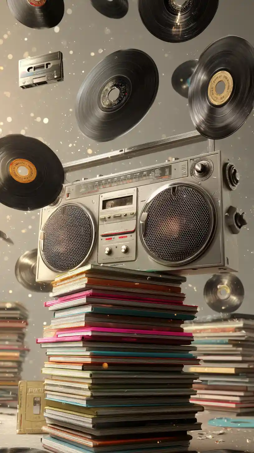Explosão surreal de toca-fitas boombox e fita VHS dos anos 90
