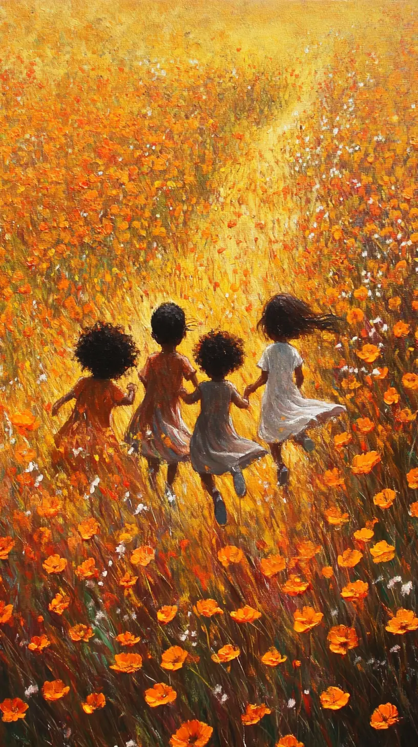 Laughing children playing in a sunlit marigold field