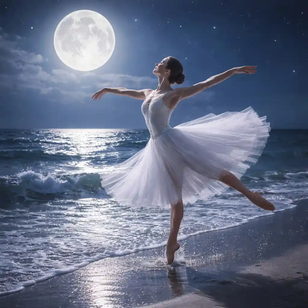 Graceful ballerina dancing on a moonlit ocean shoreline