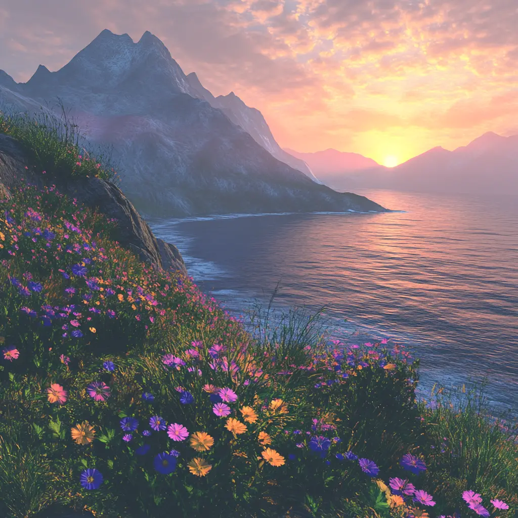 Mountain sunrise over calm ocean and wildflower hillside