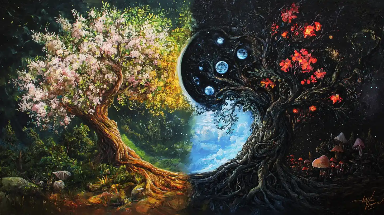 Árboles yin yang de vida y decadencia en equilibrio mágico
