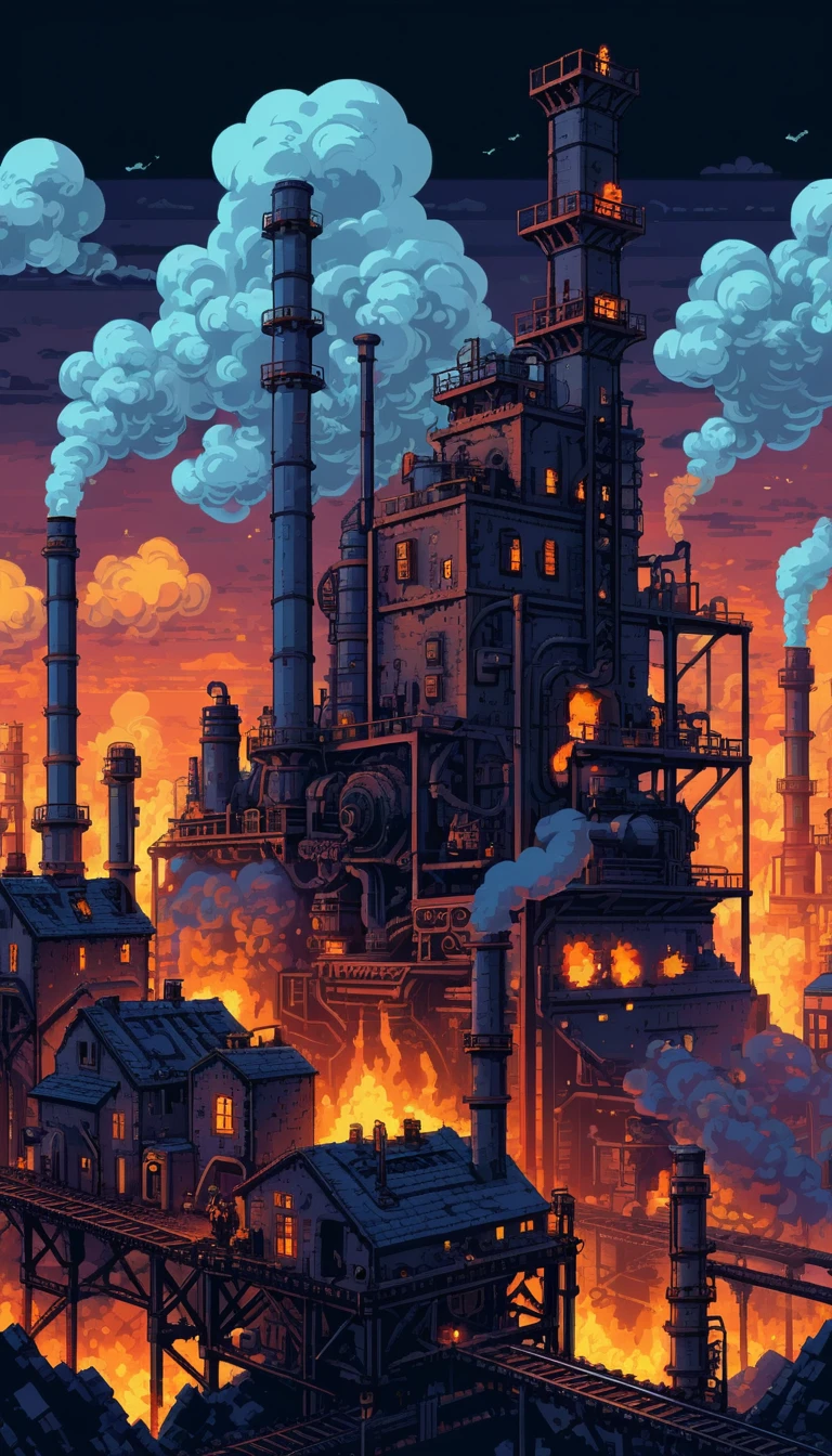 Città industriale in pixel art con ciminiere e bagliore di forni
