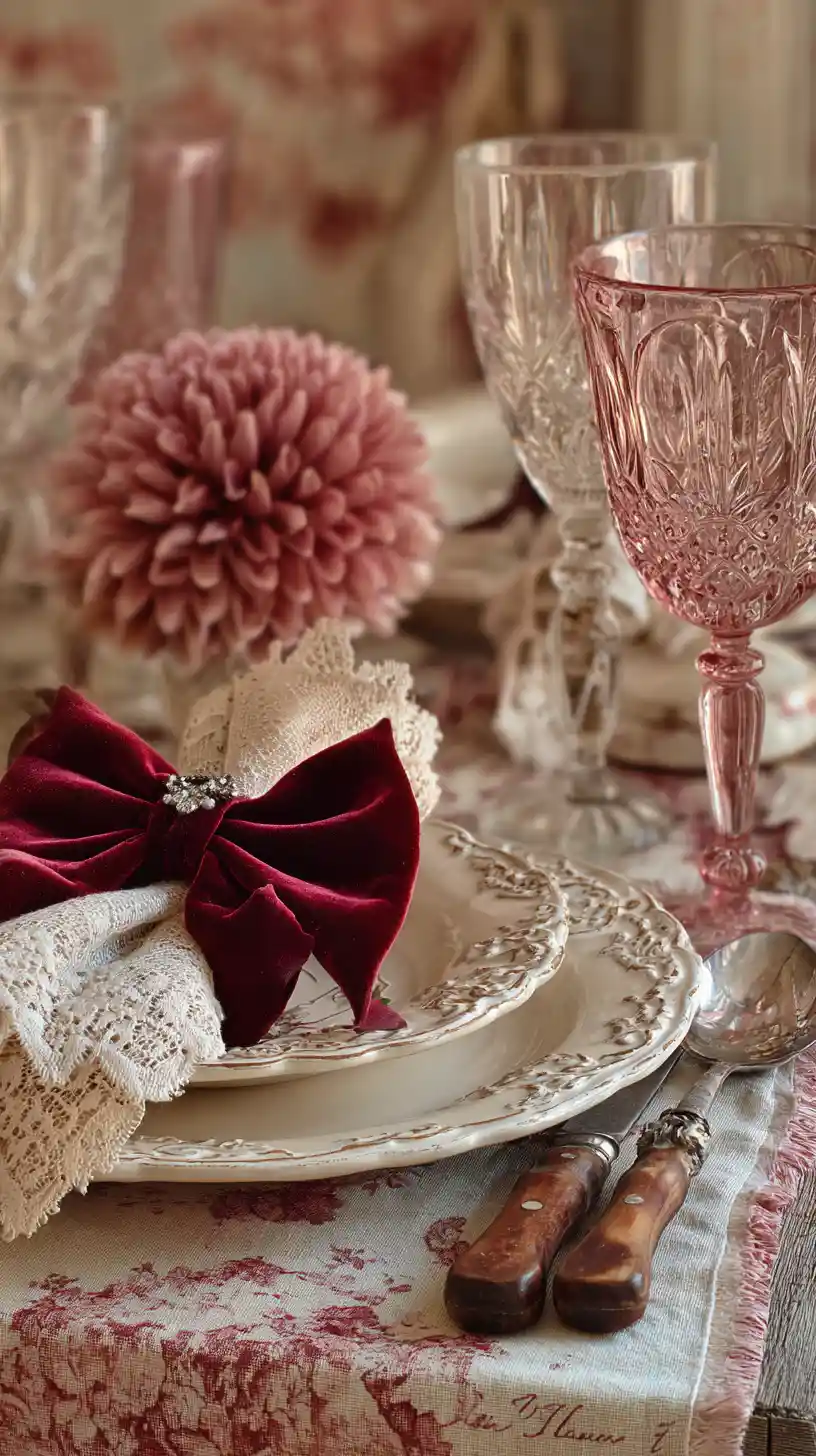 Romantic velvet bow table setting with lace and crystal
