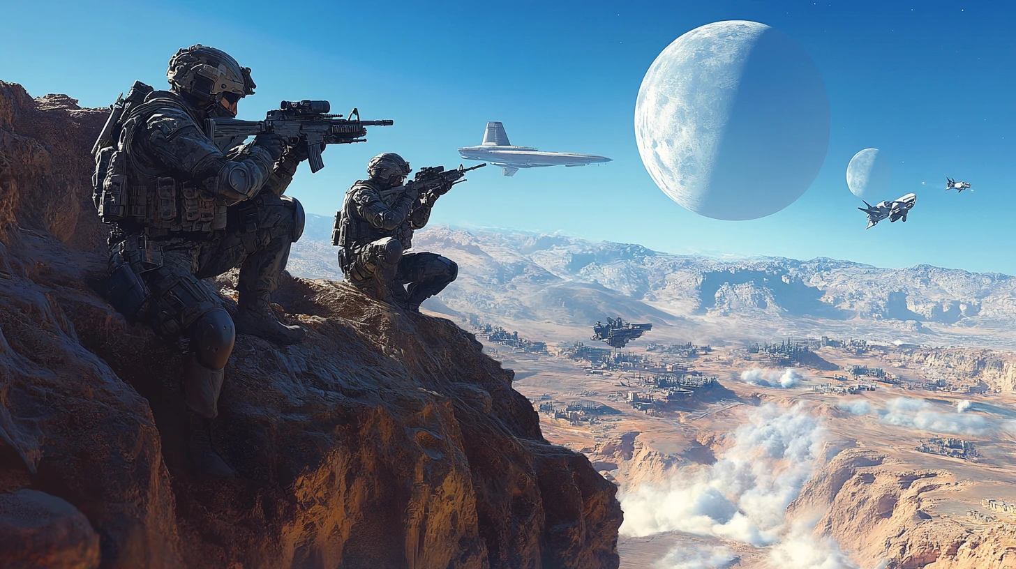 Special forces soldiers overlooking alien villages from cliff