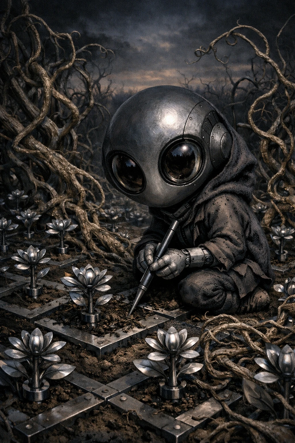 Surreal ai artist gardening metallic plants at twilight