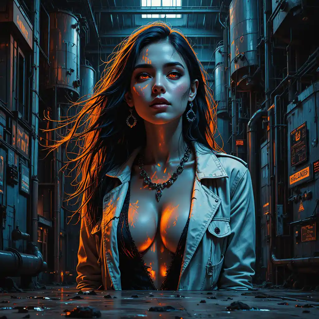 Ritratto murale glitch di una donna in una rovina industriale