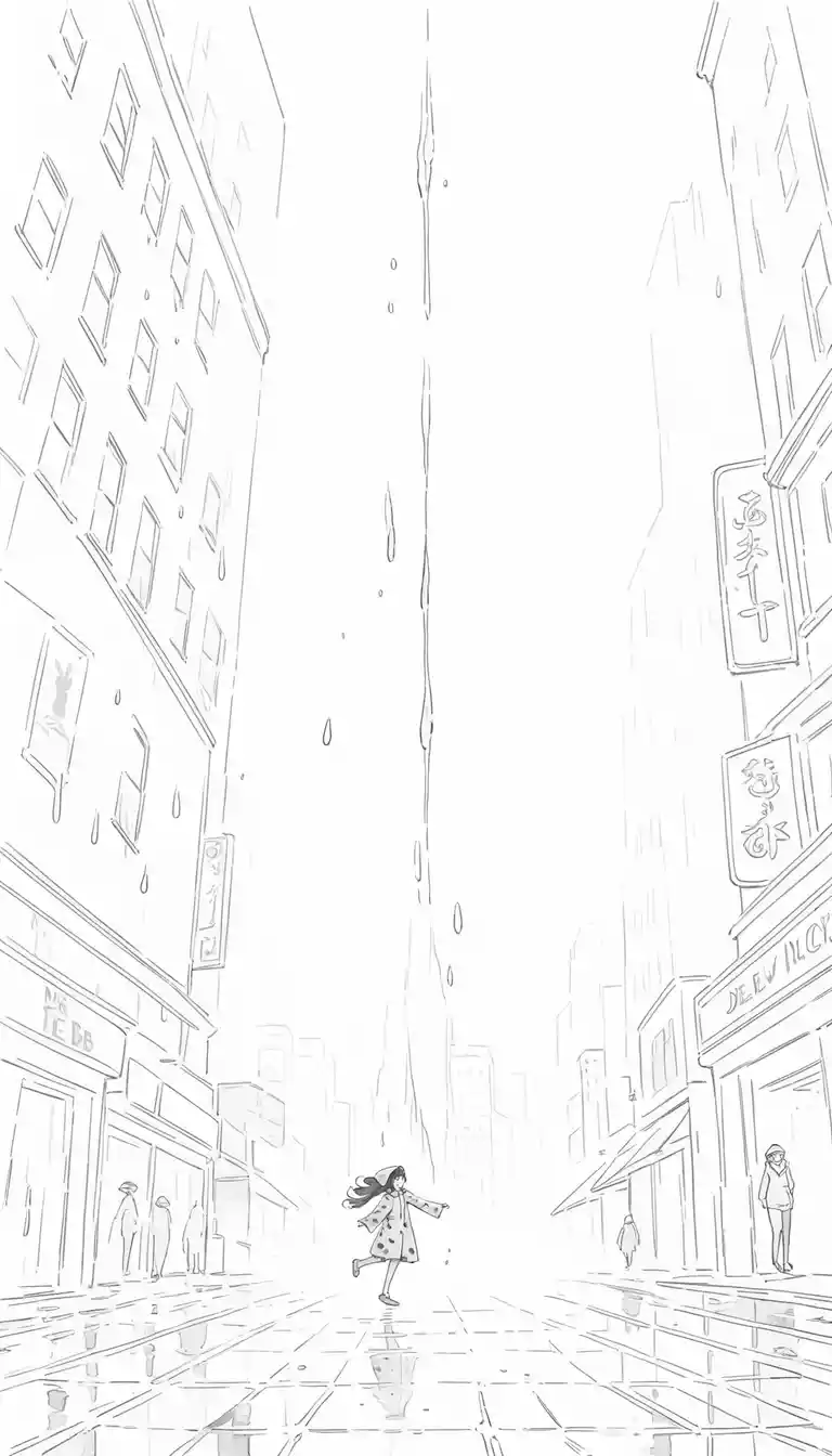 Young girl in yellow raincoat skipping on wet city street