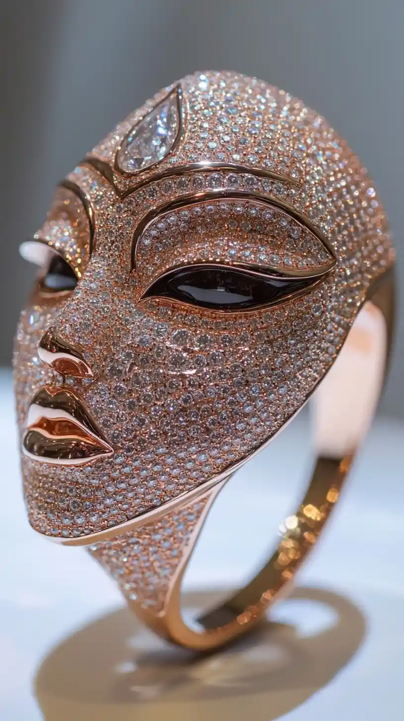 Surreal rose gold ring with jeweled face and third eye