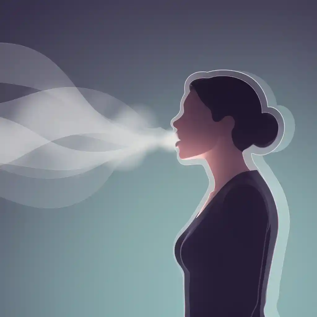Silhouettenprofil einer Frau, die Nebel in weichen Farbverläufen ausatmet