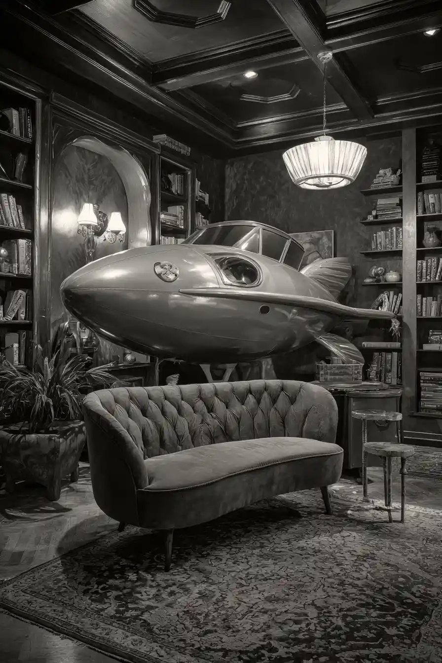 Futuristic rocket ship themed living room interior design