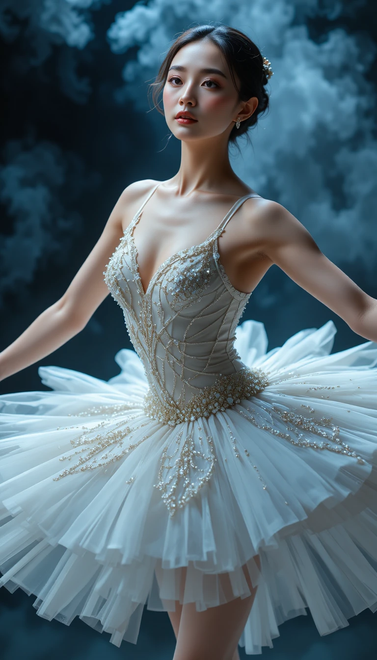 Ritratto intenso di ballerina in tutù bianco dall’alto