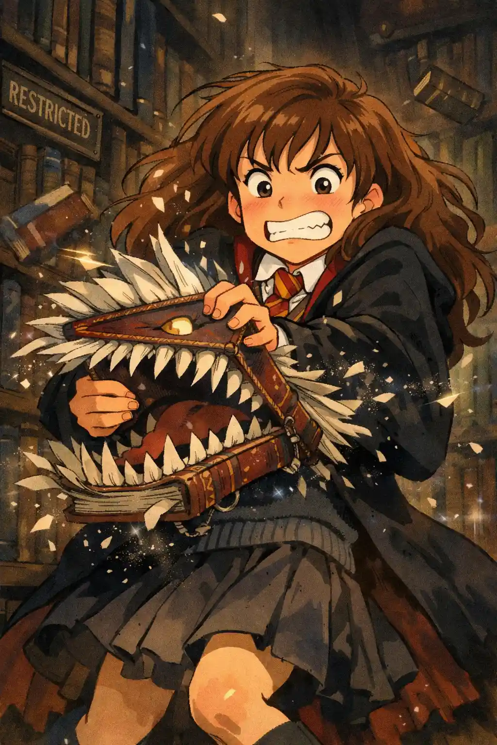 Escolar de anime aterrada luchando contra un libro monstruo