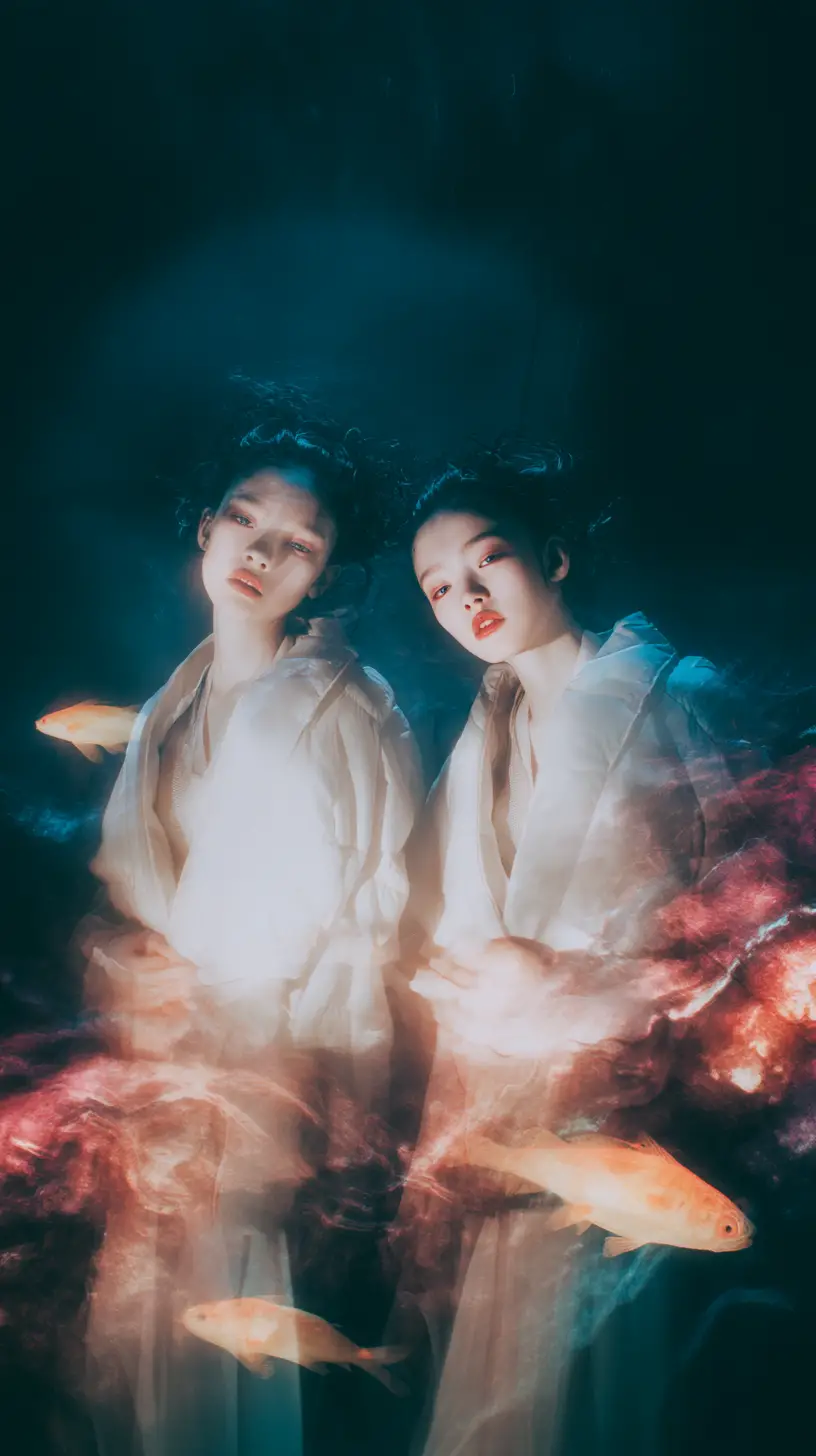 Androgynous figures in puffer coats in a snowy forest