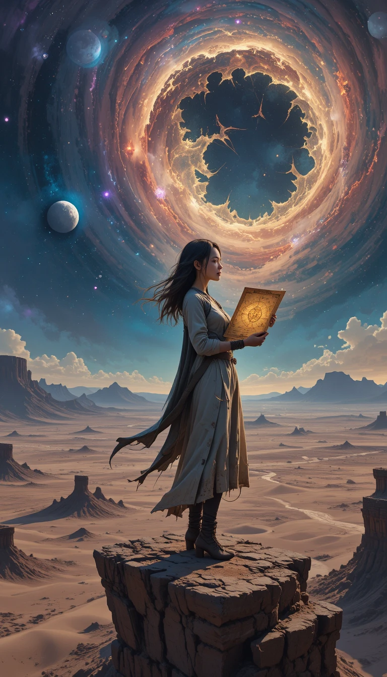 Korean girl explorer on cliff above glowing alien desert