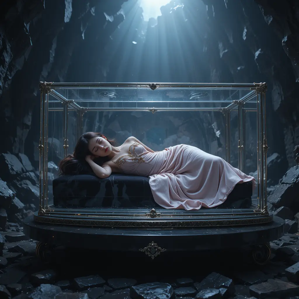 Mujer dormida en urna de cristal dentro de una caverna de obsidiana