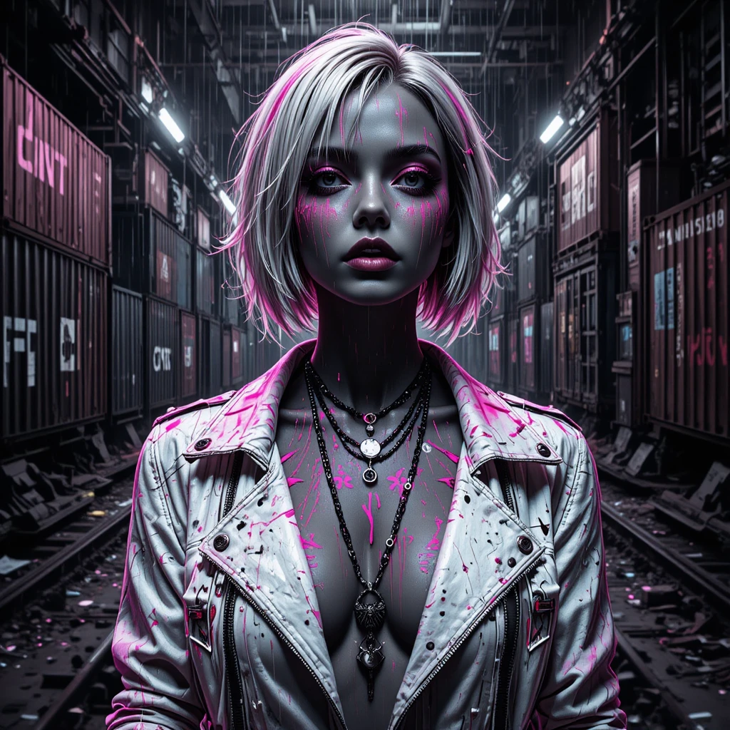 Fuorilegge cyberpunk davanti a muro industriale in glitch