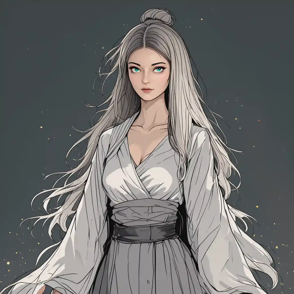 Full length manga woman with white hair and soft clothing