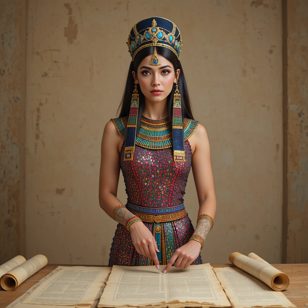 Ancient Egyptian woman pointing to papyrus scrolls on table