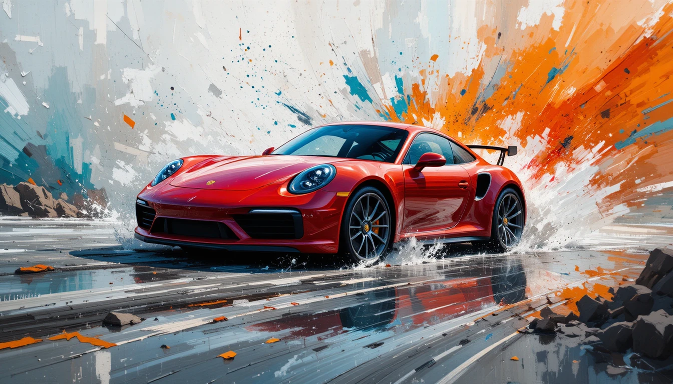 Expressionist red sports car bursting from abstract splashes