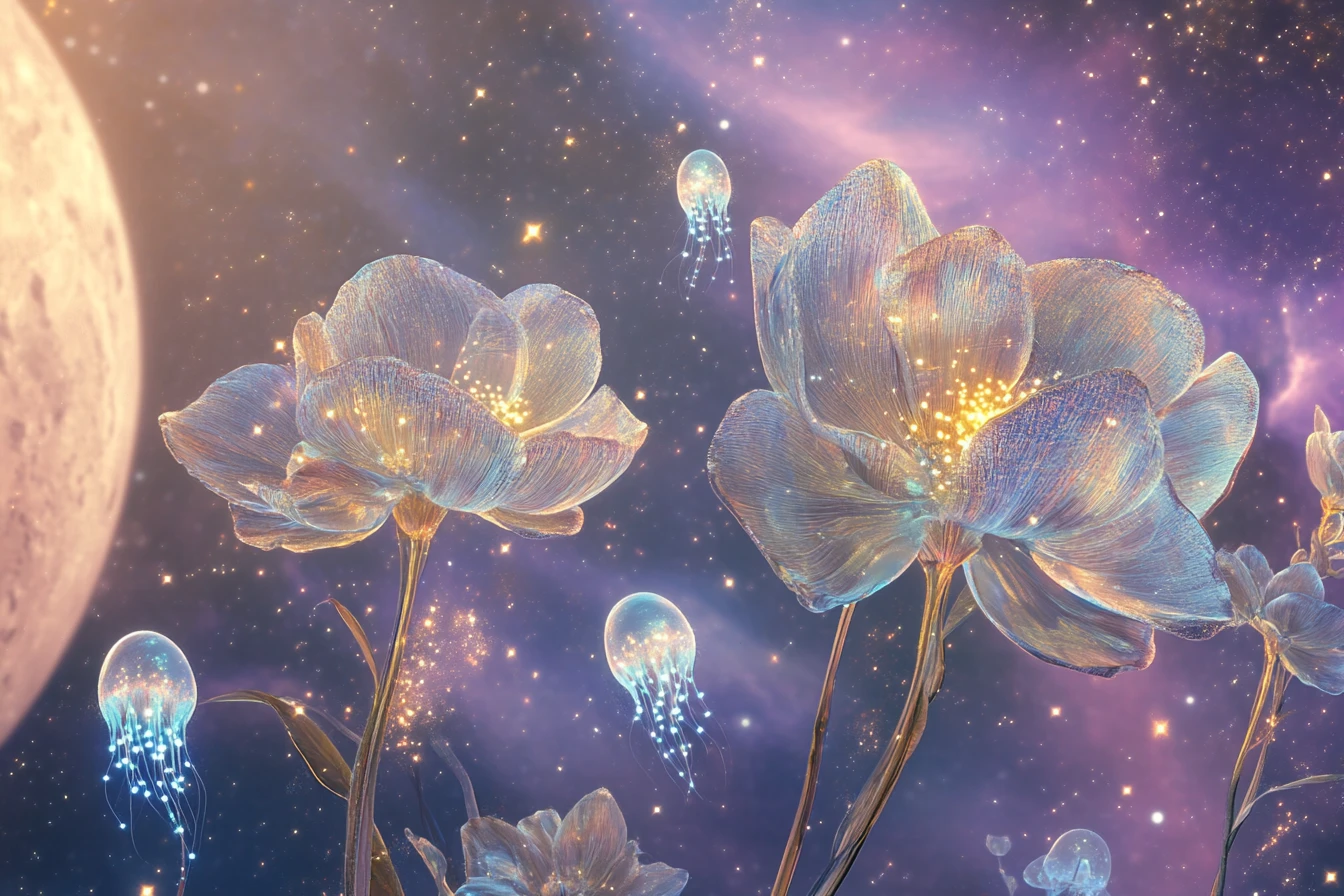 Floating cosmic meadow of luminous flowers in deep space