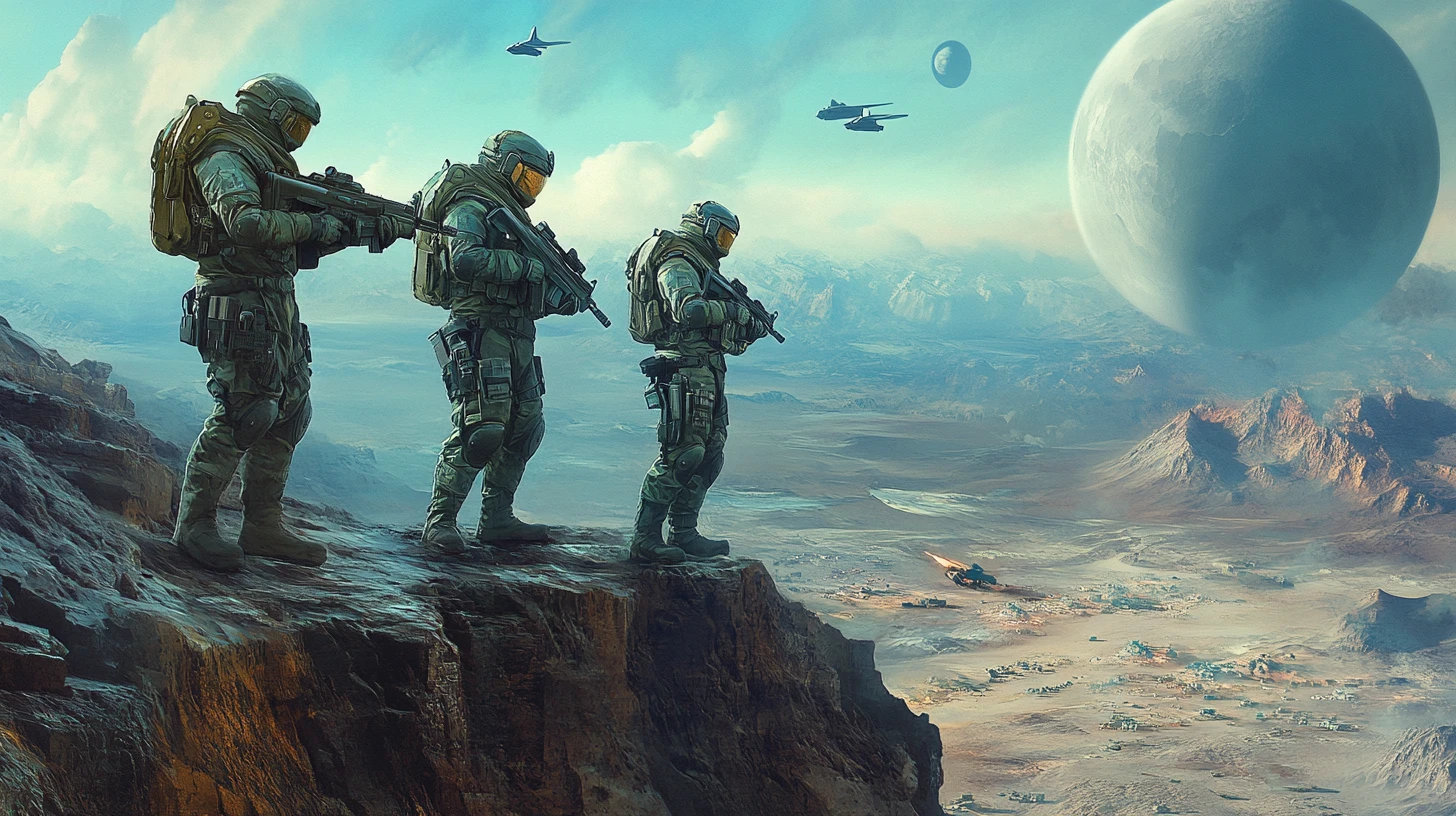 Special forces soldiers overlooking alien villages from cliff