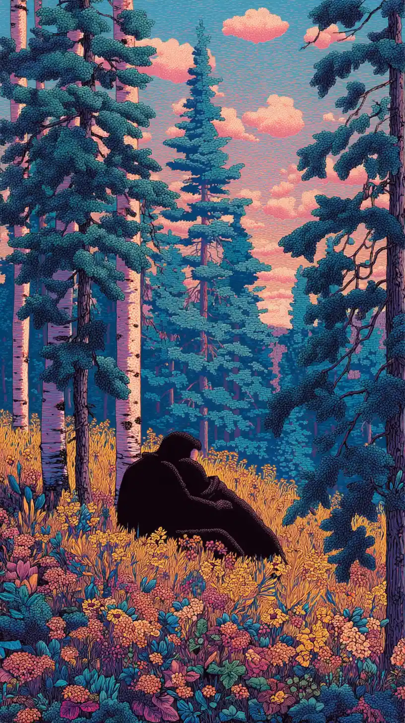 Embracing couple in a Nordic meadow at sunset