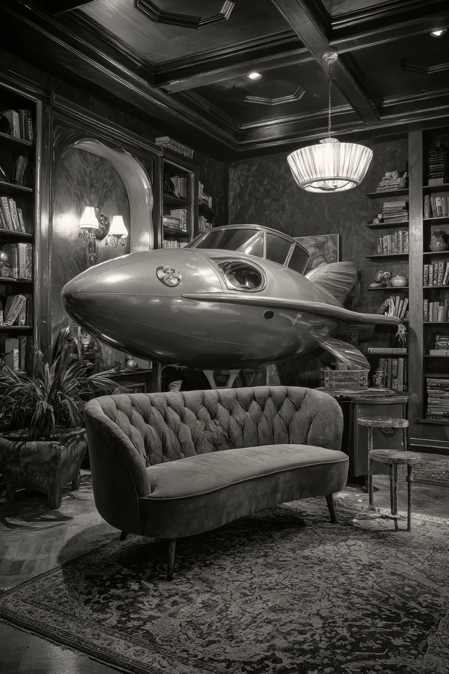 Futuristic rocket ship themed living room interior design