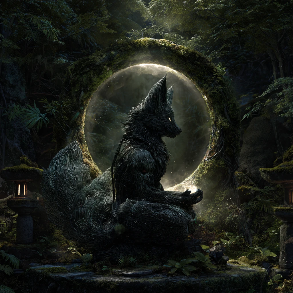 Mystical black kitsune spirit guarding a glowing forest shrine