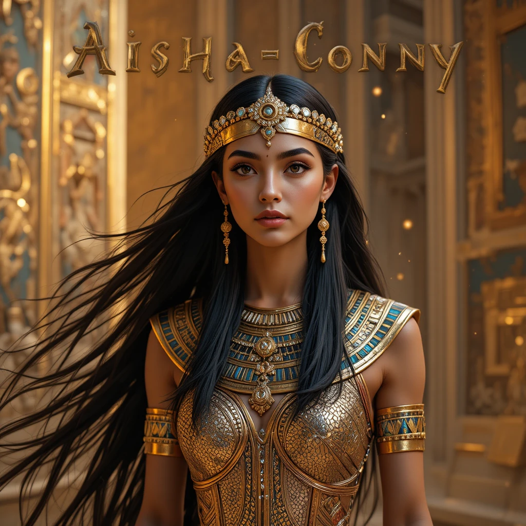 Egyptian queen before a glowing golden temple wall