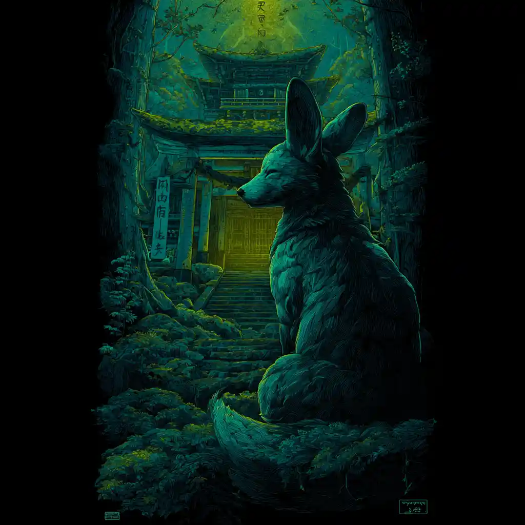 Mystical Nine Tailed Kitsune Spirit Guarding A Forest Portal