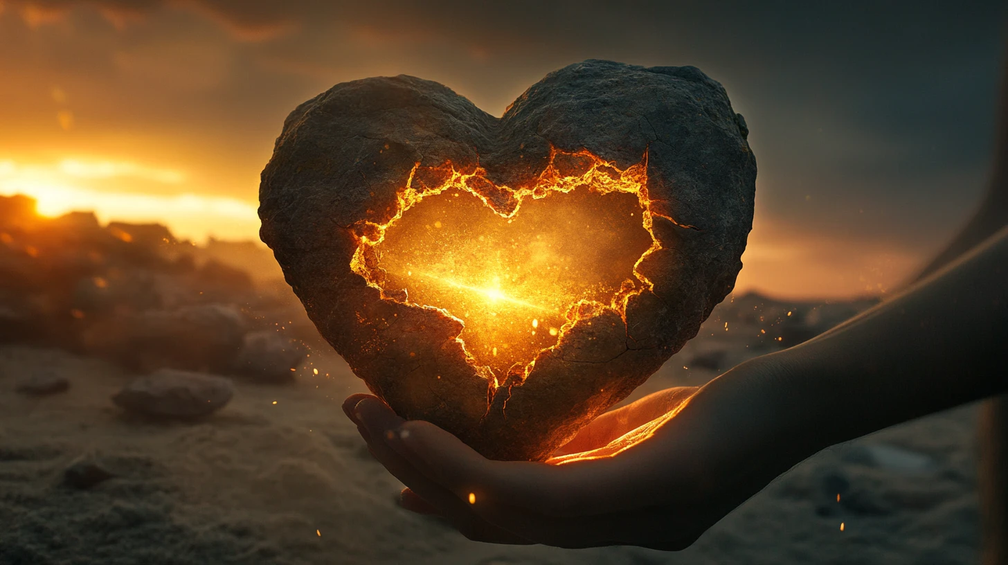 Surreal figure holding a cracking stone heart of golden light