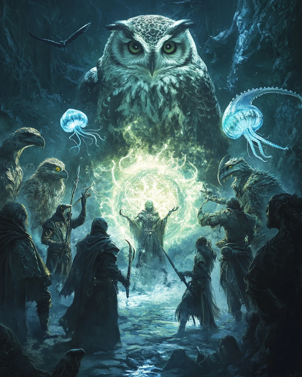 Magical animal heroes gathered around a glowing portal