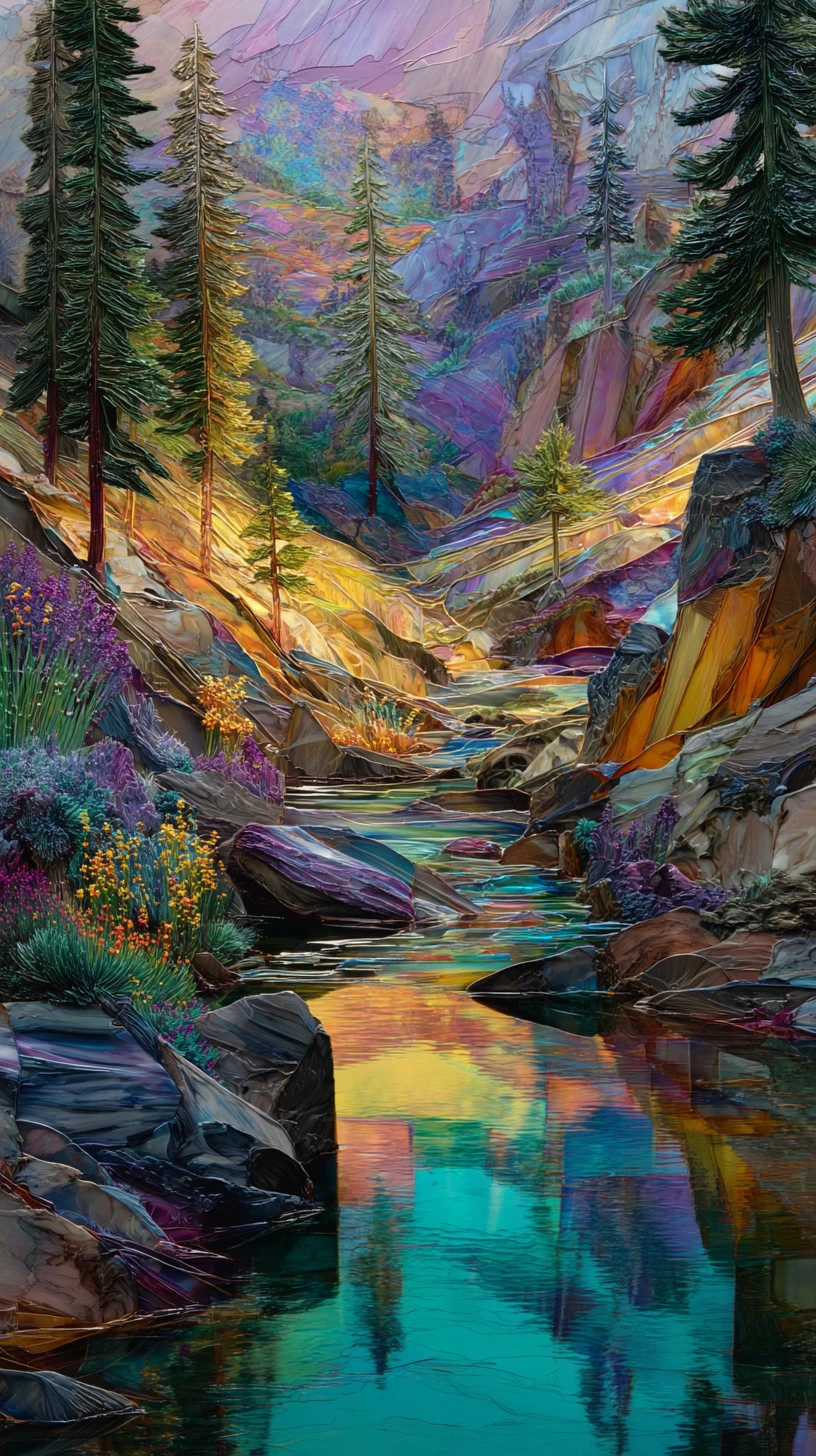 Iridescent glass mountainside with river and wildflowers