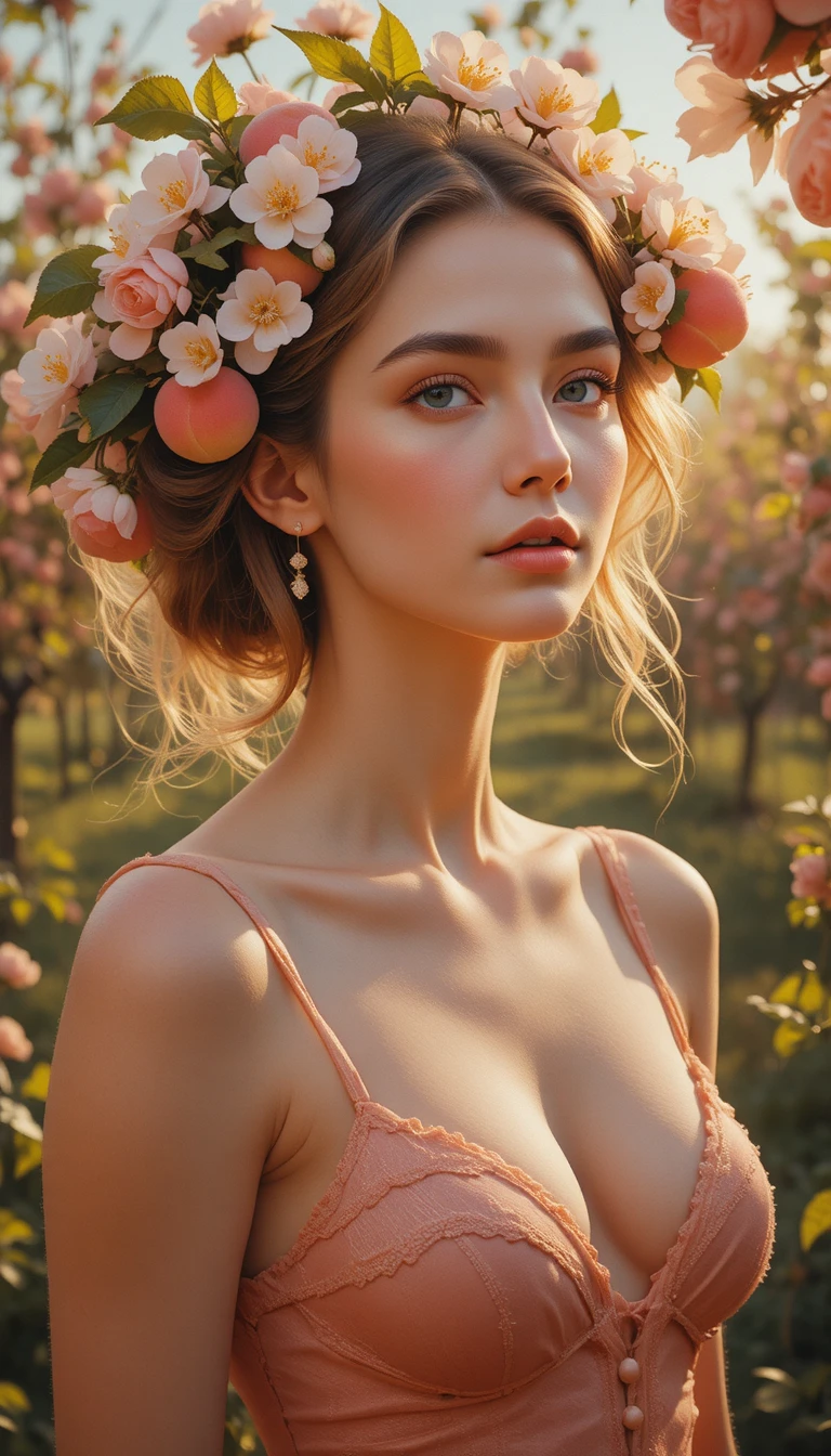 Surreal portrait of a serene woman with peach like body