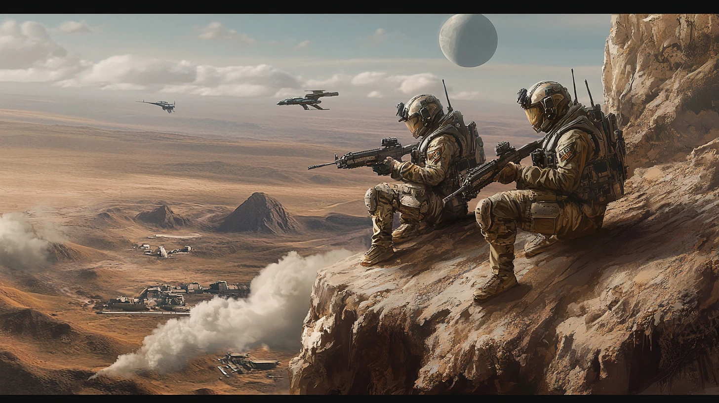 Special forces soldiers scouting over alien cliff edge