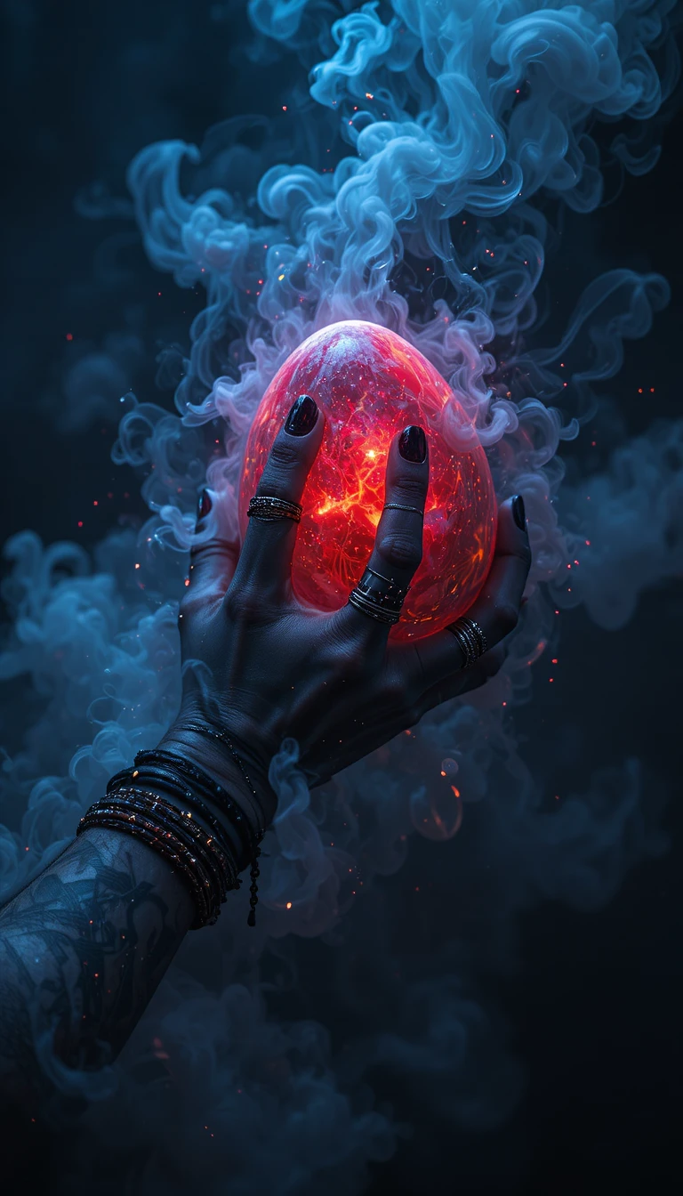 Dark hand gripping a glowing red egg in neon light