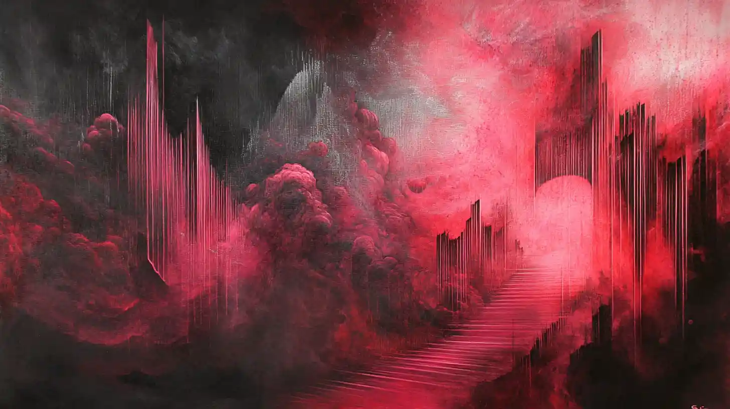 Surreale abstrakte Landschaft in leuchtenden Rot-, Pink- und Silber­tönen