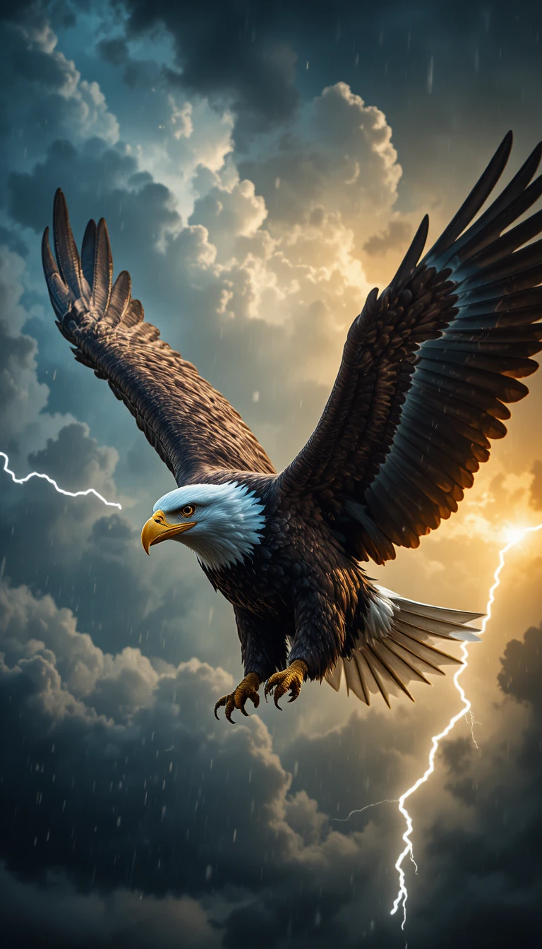 Bald eagle soaring before storm clouds and lightning