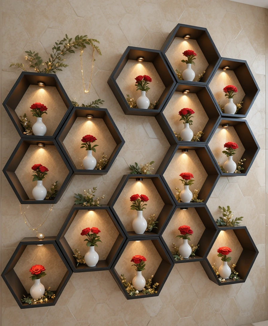 Modern hexagonal wall shelves with roses and warm lights